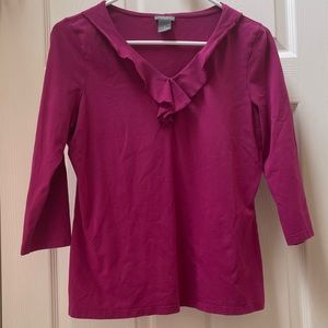 Ann Taylor Petites V-Neck Burgundy Pink Top with Ruffles 3/4 length Sleeve Sz M